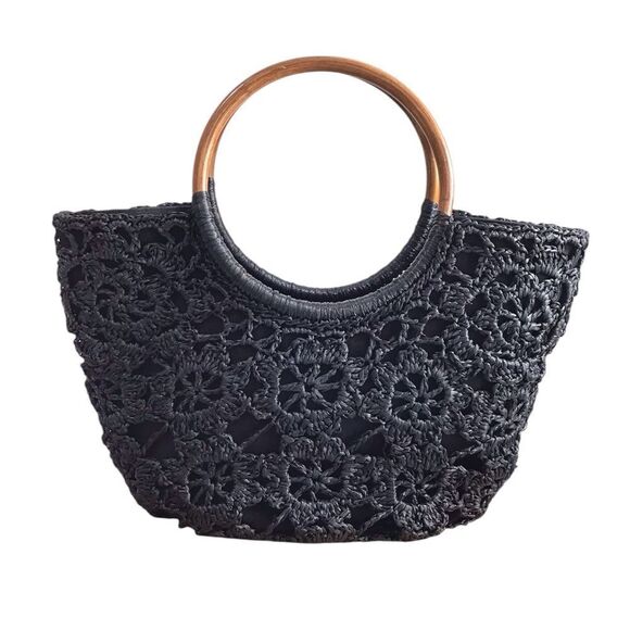 French Connection Black Crochet Tote Bag With Wooden Handles - Picture 1 of 10
